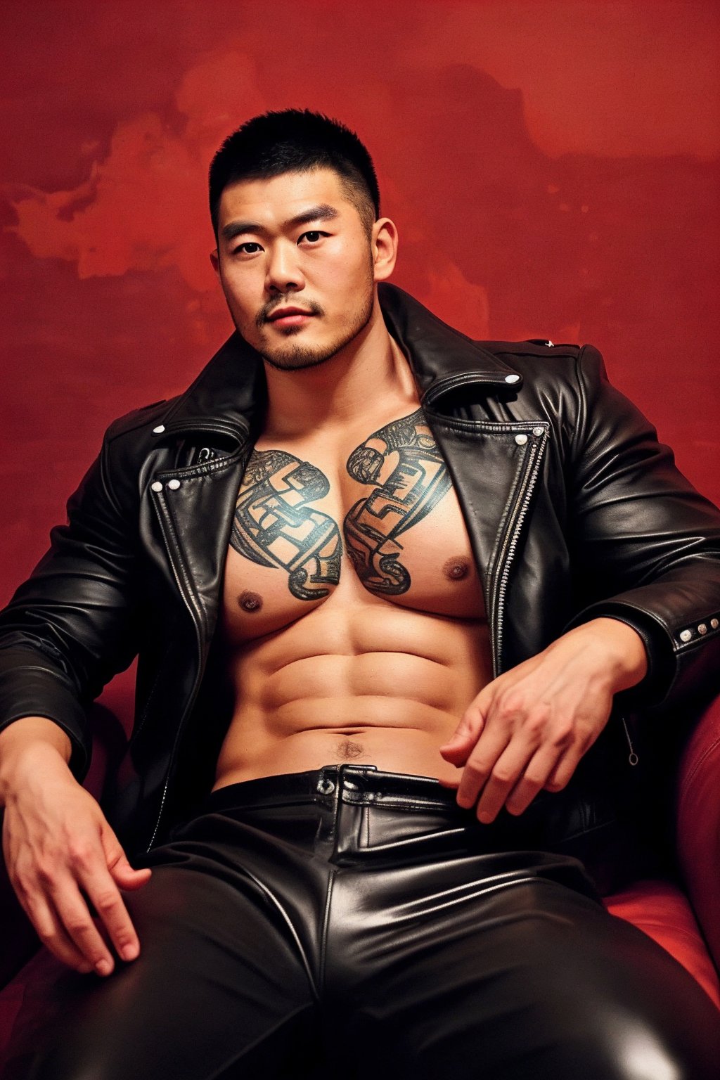 zhuangxiong,muscular male,male focus,bara,man in his late twenties reclines with confidence against a deep red backdrop. His black leather jacket exude a bad-boy aura,complemented by his black hair and an array of tattoos.,leather pants,