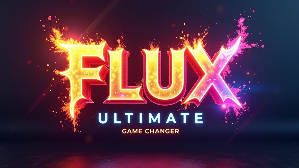 Logo in neon lights, 3D, colorful, modern, glossy, neon background,with a huge explosion of fire with epic effects, the text reads  "FLUX ULTIMATE , GAME CHANGER ",