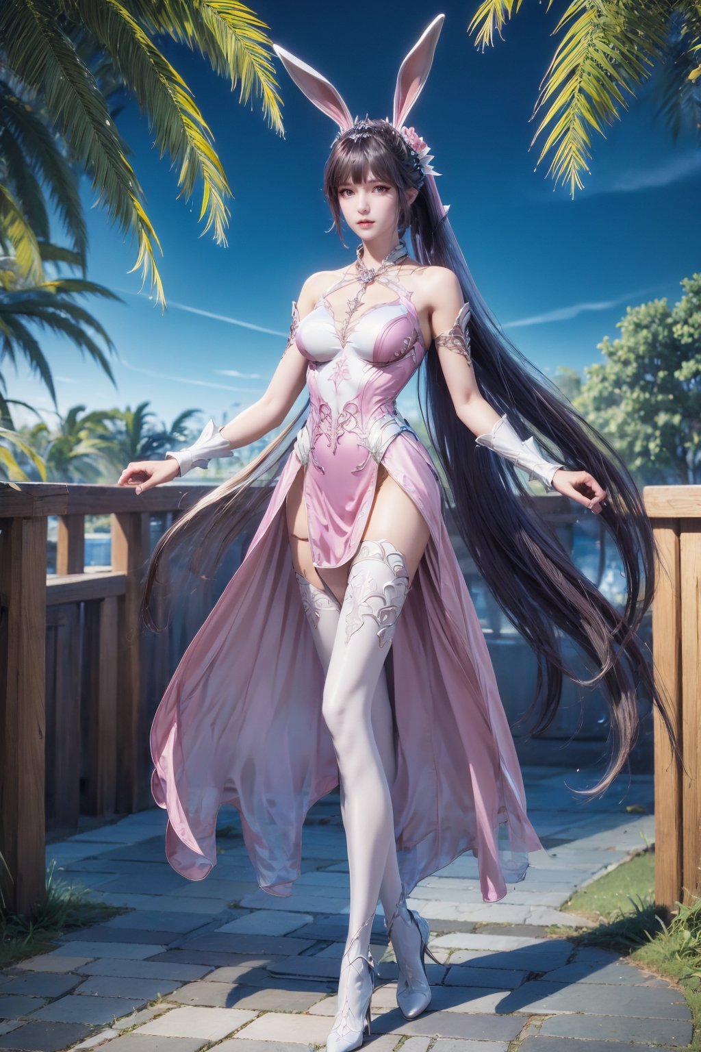 <lora:AgainXiaowu:0.8>, AgainXiaowu, 1girl, solo, animal ears, rabbit ears, long hair, full body, brown hair, ponytail, tree, hair ornament, high heels, thighhighs, metal collar, sky, palm tree, blue sky, very long hair, dress, breasts, collar, outdoors, looking to the side, flower, closed mouth, white thighhighs, pink dress, bare shoulders, medium breasts, white footwear, standing, white dress, grass, crossed legs, night, see-through