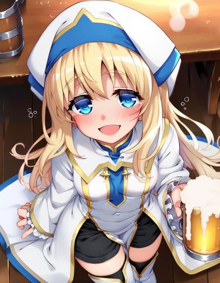 score_9,score_8_up,score_7_up,score_6_up, a girl drunk over a table, tavern, wariza, nose blush, smile, open mouth, from above, beer, <lora:namonashi_style_pony6_v3-000038:1.2>namonstyl  <lora:priestess_goblin slayer_PONY_epoch-000020:0.6> priestess-default,(priestess goblin slayer:0.8),blue eyes,long hair, blonde hair,white headwear,white dress,frilled sleeves, blue pelvic curtain,(black shorts:0.9),thighhighs,white boots, priestess-shirt 