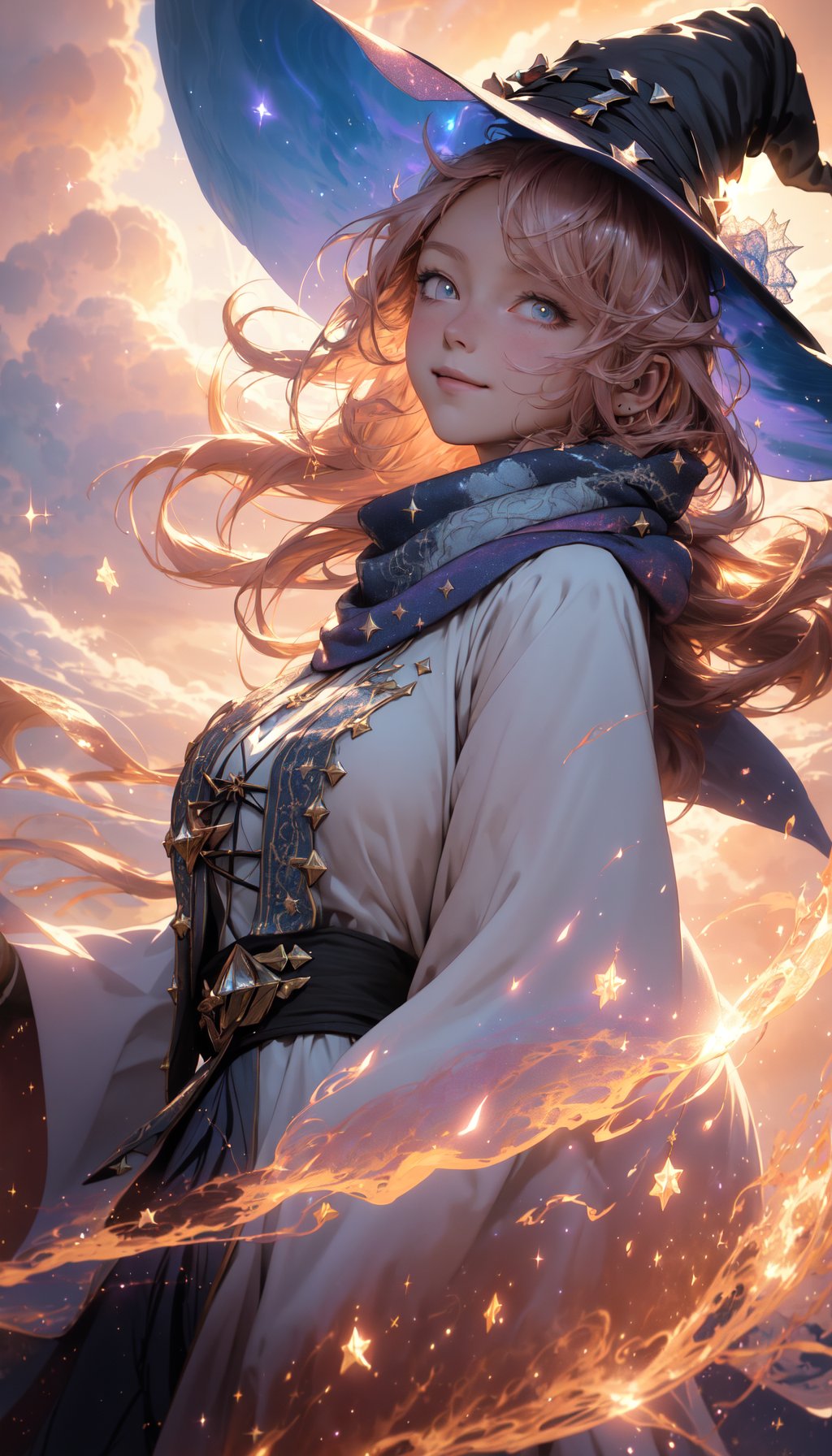 masterpiece, best quality, dynamic fantasy portrait illustration of a witch girl floating in the sky, scarf, witch hat, voluminous puffy clothing, floating hair, lace trim, warm soft lighting, looking at viewer, smug, smirk, sunset, cloudy sky, (light particles:1.1), volumetric lighting, sparkle, sparkling, star, glittering, expressive, iridescent