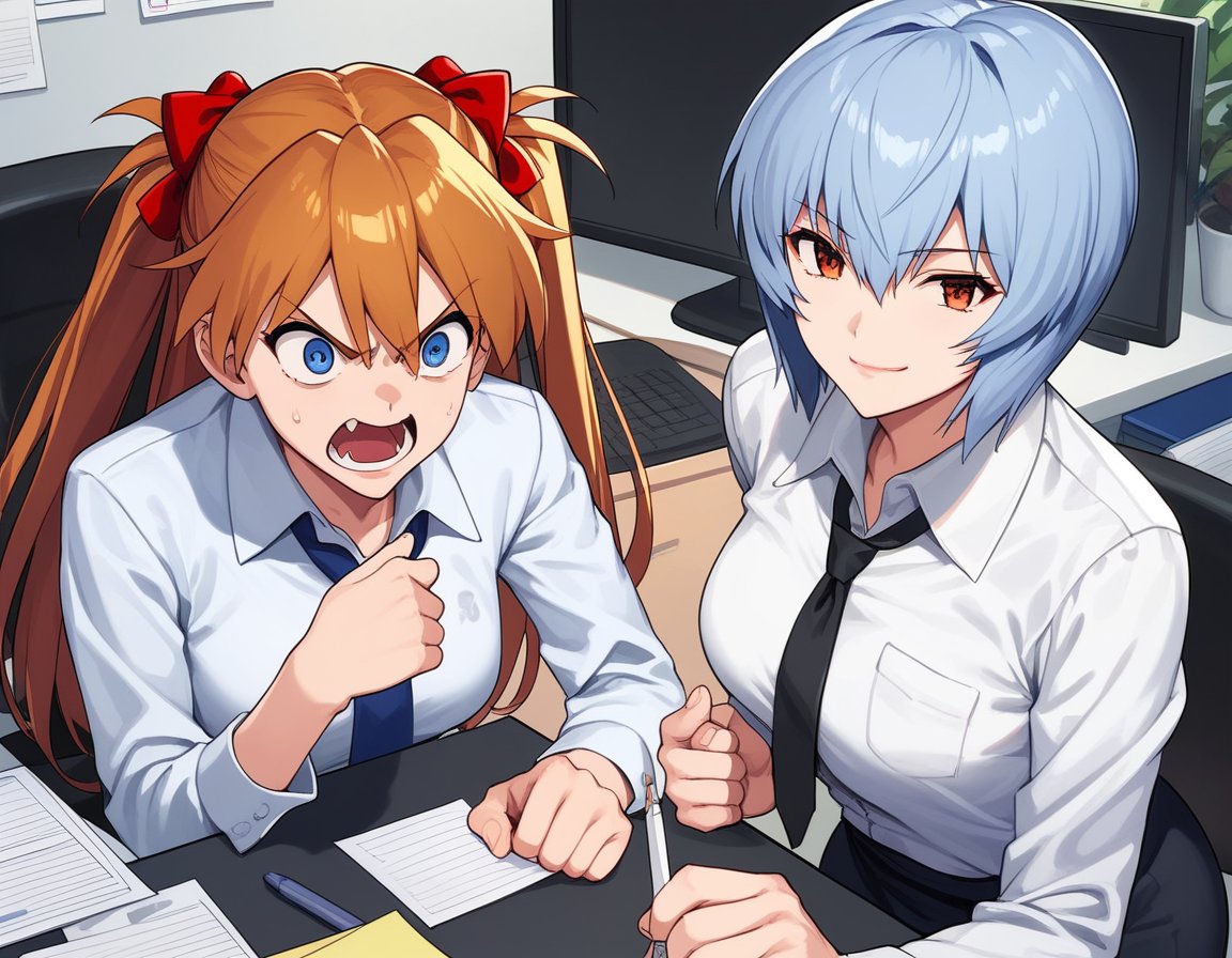 score_9, score_8, score_7, source_anime,rating_safe,2girls, arguing, office, office ladyBREAKsouryuu asuka langley, shouting, angryBREAKayanami rei, smirk