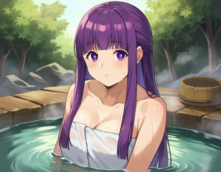 score_9, score_8_up, score_7_up, source_anime,fern, <lora:fern-s1-ponyxl-lora-nochekaiser:1>,fern, long hair, bangs, purple eyes, purple hair, sidelocks, blunt bangs, bright pupils, half updo,nude, naked, outdoors, onsen, towel, naked towel, steam, bathing, nude cover, partially submerged, water, bath, steam censor, wet towel,looking at viewer, cowboy shot, dutch angle,