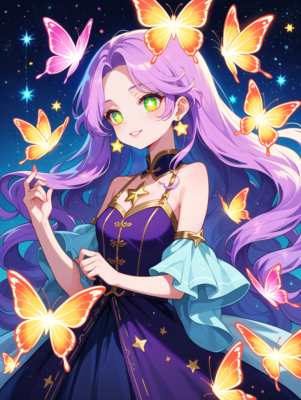 score_9, score_8_up, score_7_up,source_anime,a vibrant character with sparkling, star-filled eyes and long, flowing hair in a spectrum of pastel colors, adorned with glowing stars and butterflies. She is holding a small glowing star in her hands, her expression joyful and full of excitement. The background features a dreamy landscape with floating islands and colorful auroras, adding to the fantasy and wonder.