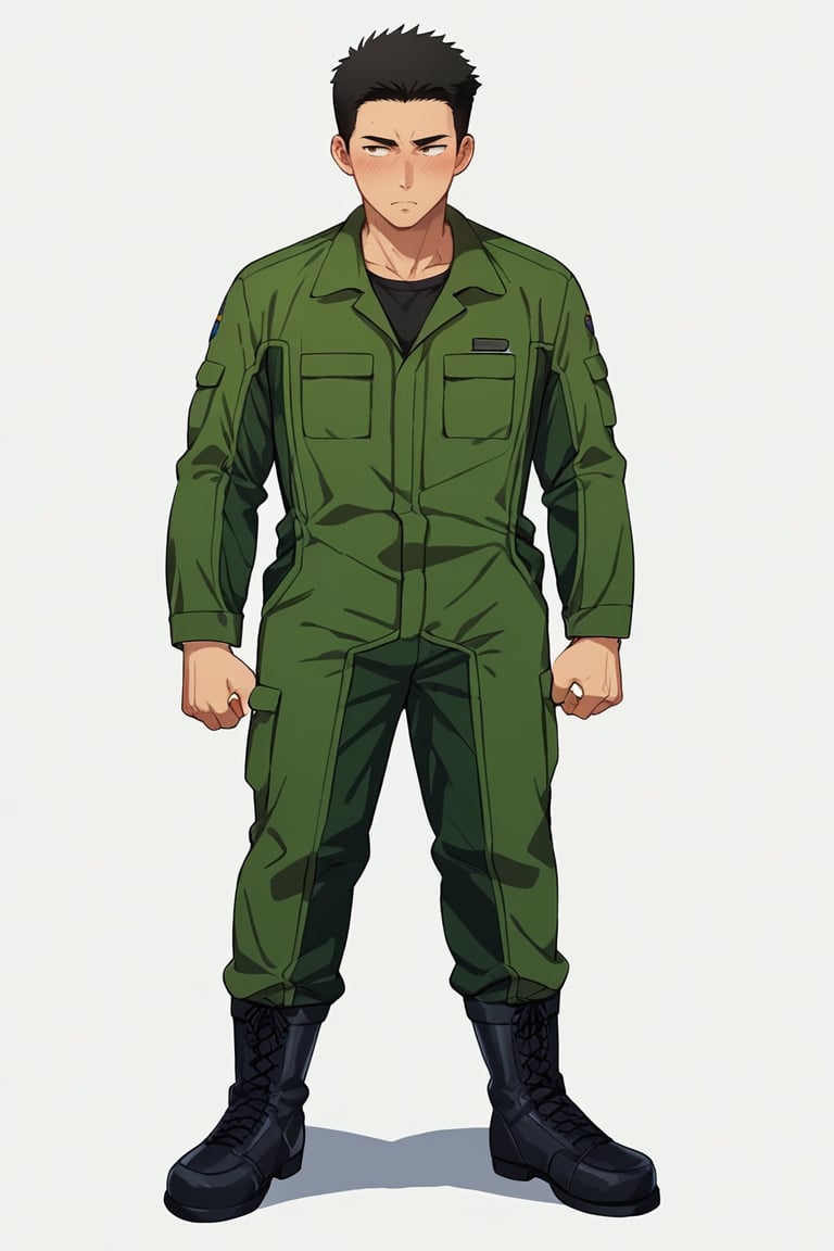 score_9, score_8_up, score_7_up, score_6_up, (solo, male focus), Isami Ao, black hair, (short hair, neat hair, bare forehead), brown eyes, (sanpaku, constricted pupils), black undershirt, green pilot jumpsuit, black boots, full body, standing, perfect face, perfect mouth, perfect eyes, toned body, muscular, blush, look away, unhappy, arrogant, despise, simple background, white background<lora:EMS-369096-EMS:0.800000>