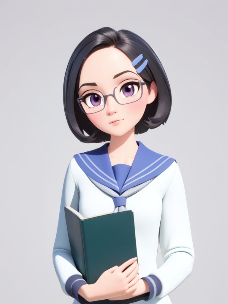 <lora:xl_Disney style(kohaku_delta)-000006:1>,Disney style,3d,girl, solo, glasses, black hair, book, hair ornament, hairclip, looking at viewer, school uniform, simple background, holding, grey background, adjusting eyewear, short hair, open book, holding book, serafuku, blush, long sleeves, upper body, purple eyes, forehead, closed mouth, rimless eyewear, sailor collar, masterpiece, best quality,