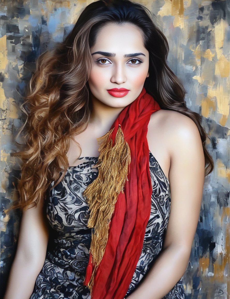 AditiMistry,<lora:AditiMistrySDXL:1>breathtaking portrait of a gorgeous girl, sultry, red scarf, dark gold and black, gossamer fabrics, jagged edges, eye-catching detail, insanely intricate, vibrant light and shadow , beauty, paintings on panel, textured background, captivating, stencil art, style of oil painting, modern ink, watercolor , brush strokes, negative white space