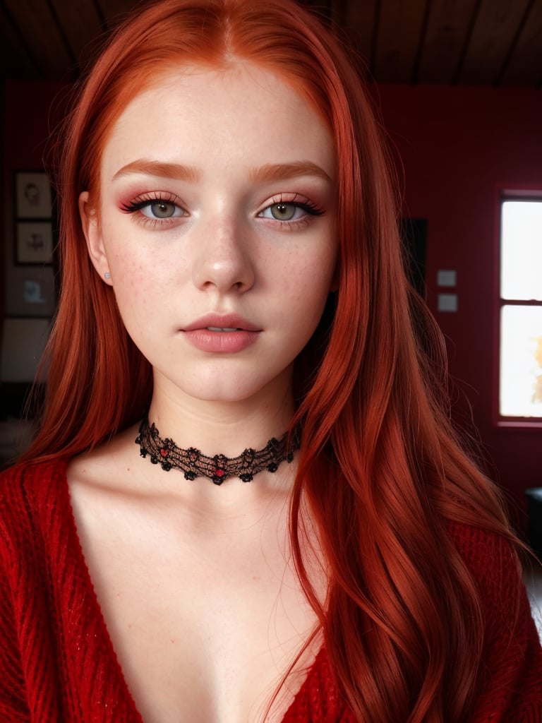raw photo, (18yo redhead girl:1.2), makeup, rouge, neck lace choker, realistic skin texture, oversize knit jumper, red eyes, softcore, warm lighting, cosy atmosphere, Instagram style