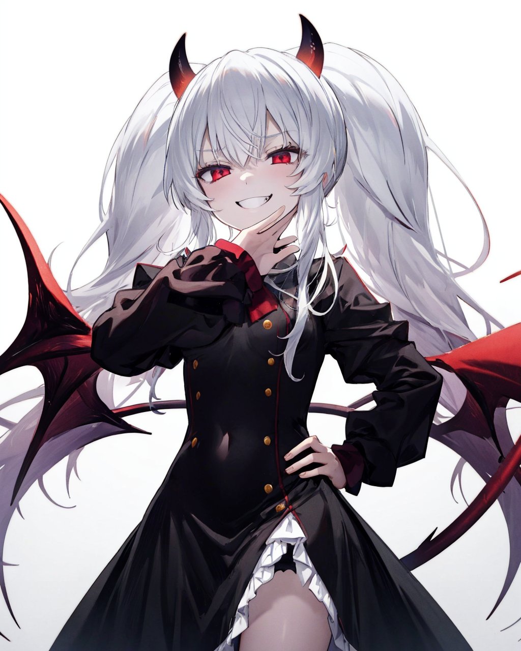 1girl,solo,grim aloe,demon horns, black_dress,standing,cowboy shot,  <lora:GrimAloe:1>,demon wings, albino,evil smile, naughty face, hand on hip, ojou-sama pose,  <lora:OjouSamaPose:1>,demon tail, 