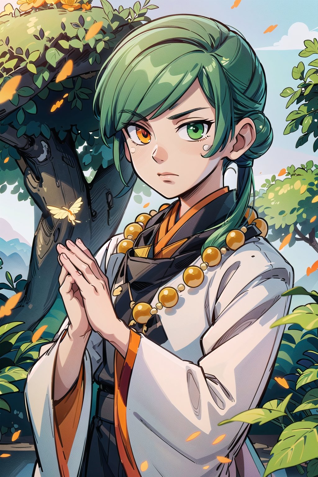 (masterpiece, best quality:1.3), 8k resolution, digital illustration, 3d, original, 2d, traditional media, cinematic, ultra-detailed portrait, hyperdetailed, (deep depth of field:1.3), yasuak1, prayer beads, 1boy, bishounen, male focus, green hair, very long hair, side ponytail, single side bun, heian, japanese clothes, (kariginu:1.2), cowboy shot, (kuji-in:1.3), hands up, japanese architecture, blurry background, fireflies,flower, shrine, x arms, serious, looking at viewer, (straight-on, facing viewer), wind lift, floating hair, wind, nature, forest, warrmth, detailed face, focus, closed mouth, handsome, manga cover, (heterochromia, orange eyes, green eyes:1.3), soft lighting, dynamic posture, motion blur, (perfect hands:1.3), volumetric lighting, bloom, sky, dark, cloud, blurry foreground, falling leaves, tree, atmosphere, fog, (extremely detailed), intricate details, graphite (medium)<lora:EMS-179-EMS:0.200000>, <lora:EMS-91280-EMS:0.100000>, <lora:EMS-367408-EMS:0.800000>