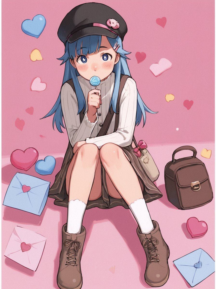 score_9_up,score_8_up,score_7_up, <lora:comiclo-xl-pony:0.7>,1girl, heart, candy, solo, food, hat, blue hair, blue eyes, bag, long hair, boots, skirt, letter, holding, hair ornament, lollipop, striped, envelope, love letter, brown footwear, long sleeves, hairclip, full body, striped skirt, wing hair ornament, looking at viewer, bangs, socks, shirt, white border, border, pink background, vertical stripes, virtual youtuber, vertical-striped skirt, brown skirt, holding envelope, blush, simple background, bow, shoulder bag, frills, light blue hair, black headwear, holding letter, brown headwear, symbol-shaped pupils, black skirt, holding candy, holding food, holding lollipop, ankle boots