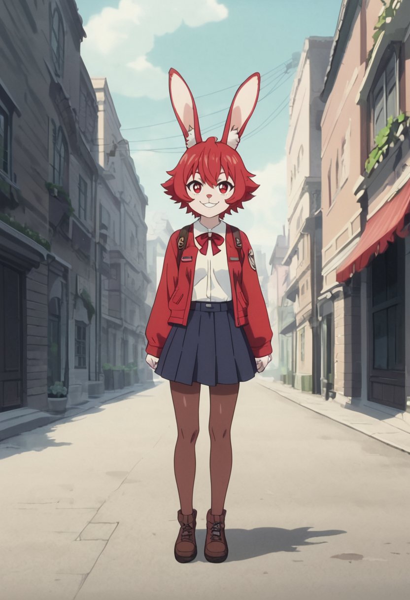 score_9, score_8_up, score_7_up,source_anime,anime coloring,perfect anatomy,cinematic_shadow,anime screencap,<lora:animestyle:1>finetuneanimeBREAK1girl, red eyes, furry, solo, parody, smile,rabbit,outdoors, 