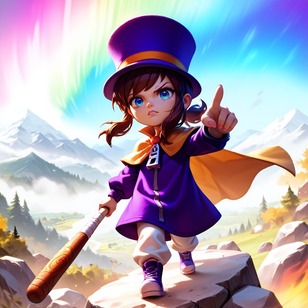 <lora:hatkid:1>,1girl,solo,hat-kid,brown hair,sidelocks,ponytail,blue eyes,purple top hat,purple dress,yellow cape,zipper pull tab,white pants,looking at viewer,glaring,angry,holding baseball bat, pointing at viewer,outdoors,mountain,mountainous horizon,standing on rock, aurora, dark aura,, score_9, score_8_up, score_7_up, perfect anatomy, source_anime, zPDXL2,