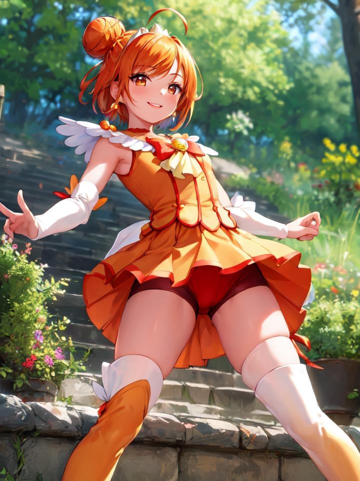 masterpiece, best quality, looking_at_viewer, depth_of_field, smile, full body, 1girl, <lora:locon_cure_sunny_1:0.9>, cure sunny, feather hair ornament, single hair bun, ahoge, tiara, white thigh boots, bare arms, ribbon, bowtie, orange short shorts, shorts under skirt, 