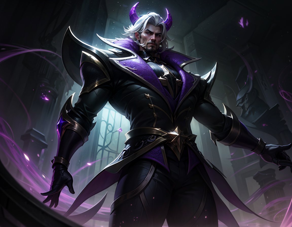 (masterpiece, best quality,top quality),(wide shot:0.95),league of legends,Dynamic angle,solo,1man,male focus,muscular,looking at viewer,dragon_horns,demon_wings,silver hair,black wear,bandaid_on_leg,),purple theme,(universe in background:1.2),star_(sky),hyper_galaxy,depth_of_field,particle effects,<lora:【moba】lol淘宝款:0.8>,