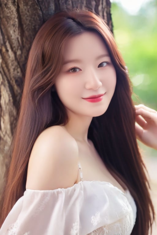 (masterpiece),(best quality),(realistic:1.3),((intricate details)),(cowboy_shot),1girl,solo,photo background,brown hair,long hair,straight_hair,looking at viewer,dress,smile,outdoors,realistic,brown eyes,off shoulder,bare shoulders,black hair,tree,breasts,<lora:liblibu_suhua010:1>,