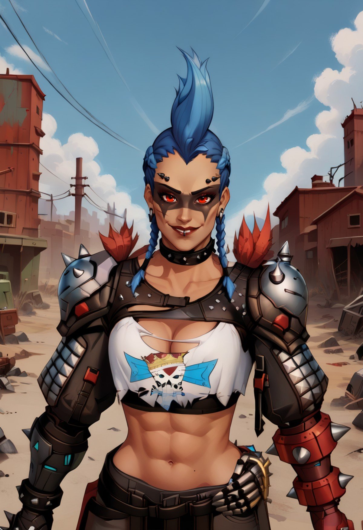 junkerqxl,blue hair,braids,mohawk,red eyes,piercing,face paint,makeup,shirt,midriff,collar,armor,collarbone,gauntlets,bare shoulders,single pauldron,standing, cleavage,looking at viewer, evil smile,  outdoors,wasteland, <lora:JunkerQueenOW2:1>,