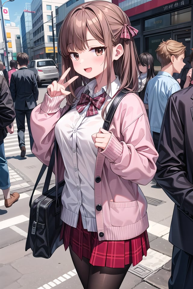 <lora:hotarueye_jitome18_v100:1>insanely detailed, absurdres, ultra-highres, ultra-detailed, best quality,1girl, solo, nice hands, perfect hands,BREAK(School Uniforms:1.2), (pink cardigan is fit body:1.4), ((do up a buttons, not loose):1.5), ((long sleeve, sleeves past wrists):1.2), (inner wear is white collared-shirt:1.3), (red plaid-pattern bow:1.3), (red plaid-pattern pleated skirt:1.3), ((dark-brown pantyhose, loafers):1.2)BREAKhappy smile, laugh, open mouth, standing,from side,seductive pose, cowboy shot,BREAKslender, kawaii, perfect symmetrical face, ultra cute girl, ultra cute face, ultra detailed eyes, ultra detailed hair, ultra cute, ultra beautiful,BREAKin harajuku, shibuya, tokyo, street, crowd, cityscape,BREAKmedium large breasts,(brown hair, brown eyes), hime cut