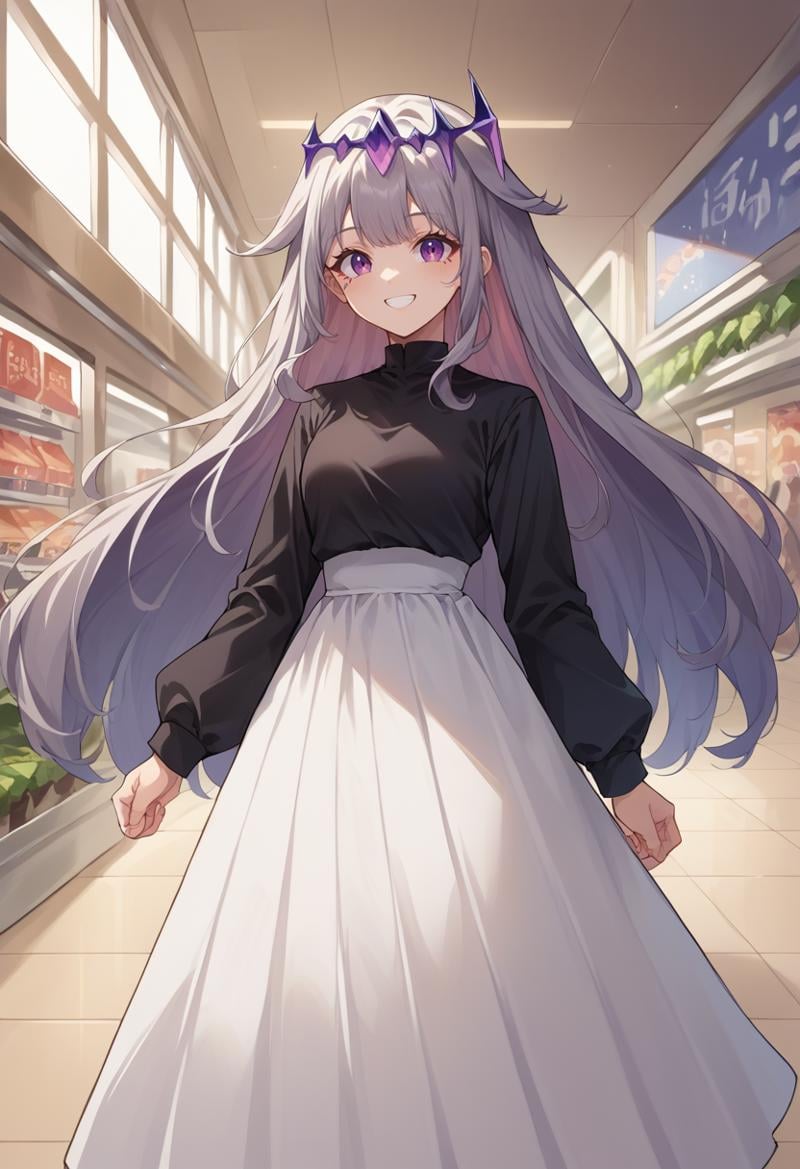 score_9, score_8_up, source_anime, 1girl, solo, KosekiBijou, long hair, hair flaps, floating headpiece, high-waist skirt, long skirt, white skirt, black shirt, long sleeves, smile, standing, indoors, shopping mall, <lora:ChamKosekiBijouPonyXL:1>