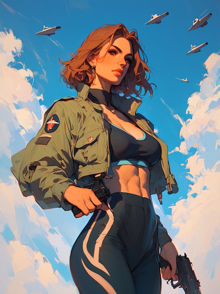 score_9, score_8_up, score_7_up, score_6_up, score_9, score_8_up, score_7_up, score_6_up, BREAK,tattoed woman with medium brown hair, holding a gun pointing him upward, she's looking at the viewer, wearing a black sport bra and an open pilot jacket, a cowboy shot, in front an aircraft, standing, leaning to the side, blue sky, <lora:xl_more_art-full_v1:0.25>, <lora:Stylized_Galactic:1>,