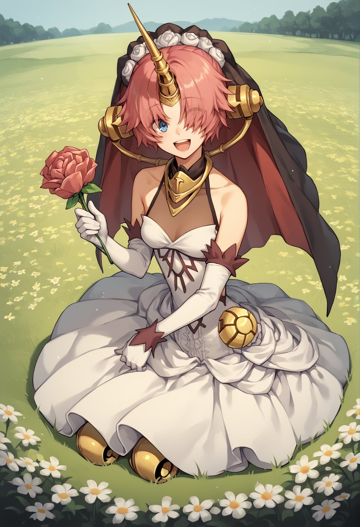 pink hair, hair bun, double bun, heterochromia, blue eyes, yellow eyes, hair over eyes, single horn, mechanical horn, hair ornament, see-through cleavage, white dress, elbow gloves, veil, mechanical legs, sitting, outfoors, holding flower, flower field, smile, open mouth <lora:Fran:1>, score_9, score_8_up, score_7_up, score_6_up, score_5_up, score_4_up, BREAK source_anime, masterpiece