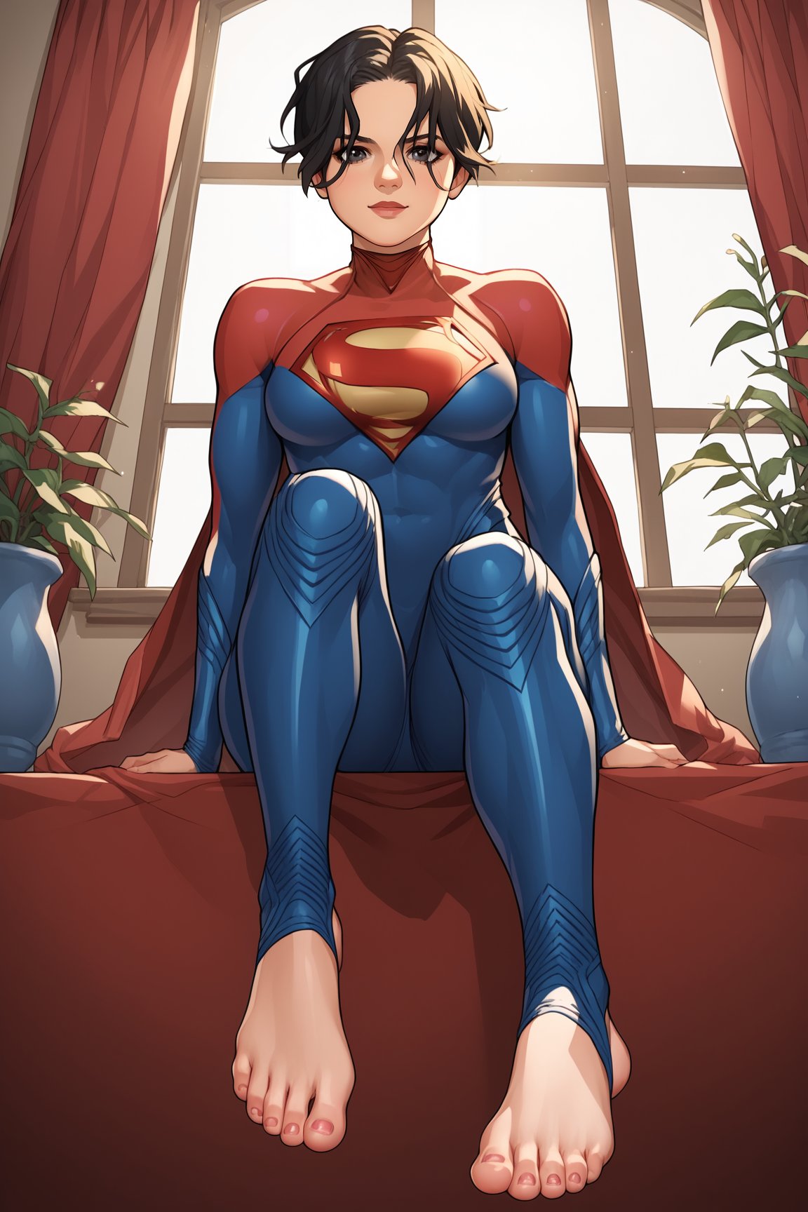 score_9, score_8_up, score_7_up, score_6_up, source_anime, BREAK, SupergirlTFXL, black eyes, black hair, short hair, curtain hair, medium breasts, superhero, red cape, bodysuit, red bodysuit, blue bodysuit, solo, full body, sitting, feet close up, bellow view, looking at viewer, indoors <lora:SupergirlTFXL:1>