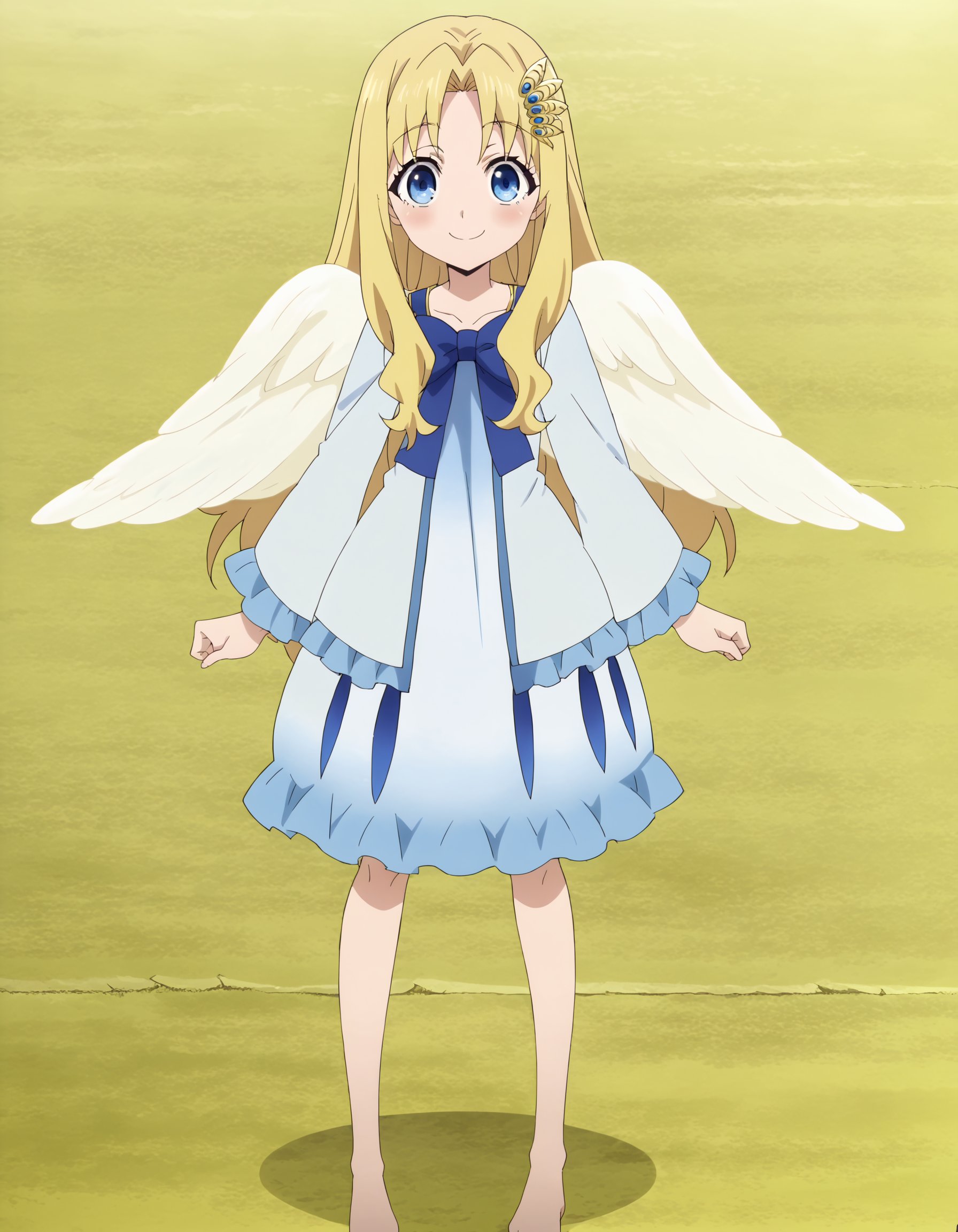 score_9, source_anime, anime coloring, <lora:MeMaXL_V2:0.8>, <lora:FilocXLPonyV1-000009:1>, filoc, 1girl, solo,  blonde hair, blue eyes, angel wings,  (anime screencap:1.3), full body, looking at viewer, blush, hair ornament, standing,  happy, smile, white dress, blue bow, barefoot, 