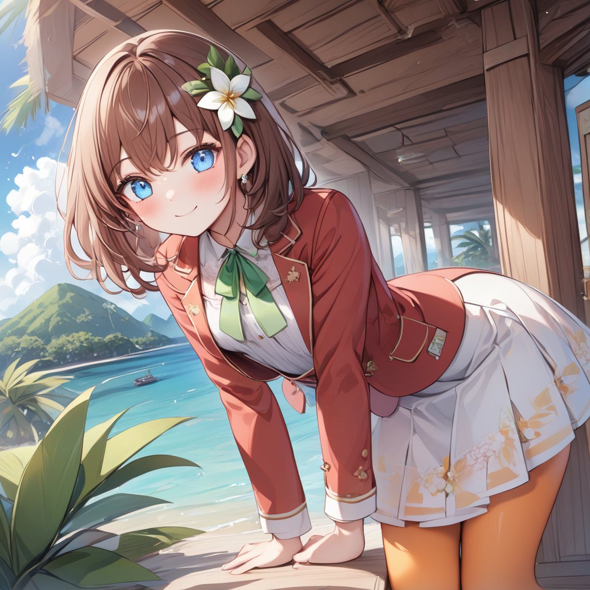 Hana_Macchia, brown hair, hair ornament, white flower, blue eyes, hair flower, green ribbon, white skirt, red jacket, orange tights, medium hair, smile, small breasts,Tropical Island, looking at viewer, leaning forward<lora:EMS-373524-EMS:0.800000>, <lora:EMS-345009-EMS:0.500000>