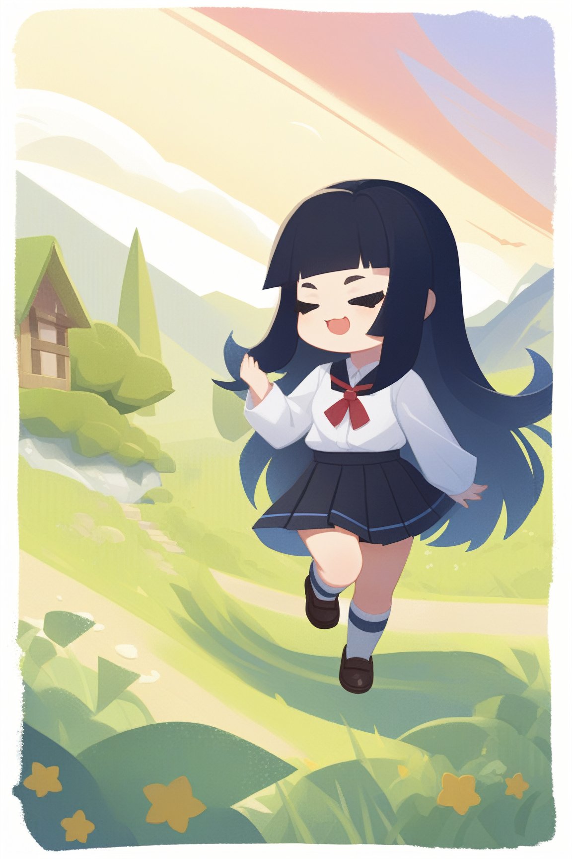 border, chibi, solo, 1girl, happy, > <, long hair, black hair, closed eyes, shirt, long sleeves, pleated skirt, kneehighs, loafers, outdoors, scenery <lora:style_onmyoji_xl-000009:1>