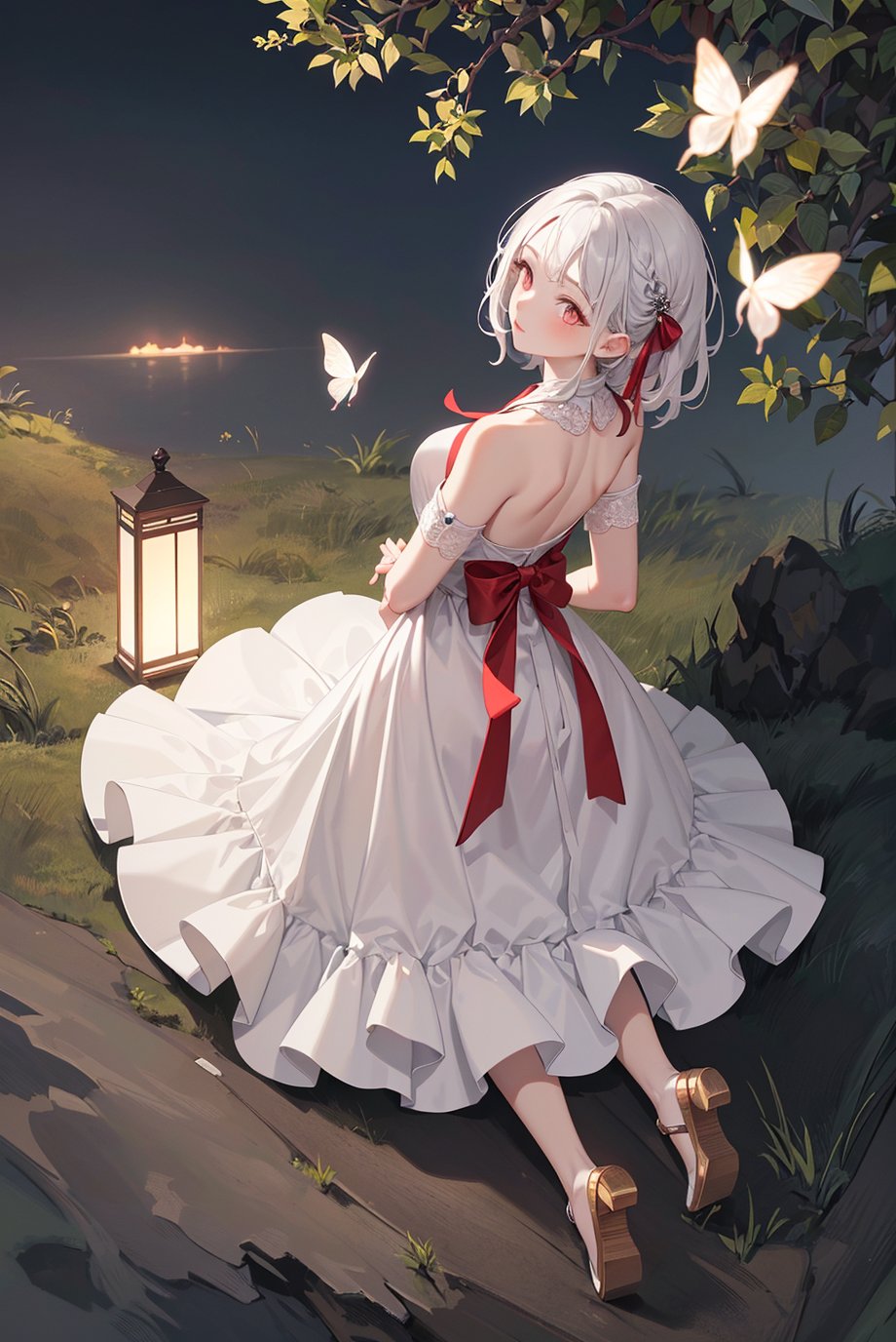 game cg,best quality,official art,(((light from the sky))),floating hair,light shines on hair,ultra-detailed,(((extremely detailed cg 8k wallpaper))),(crystalstexture skin:1.4),(extremely delicate and beautiful)jewelry,(white skin),looking_at_viewer,1girl, (solo:1.3),glowing eyes,(low exposure), frilly dress, extravagant dress, black and white accent, red ribbons, (bioluminescent butterfly), top view, under the tree shade, night scenery, full body, (arms behind back), <lora:YG可爱动漫风格:0.75>,