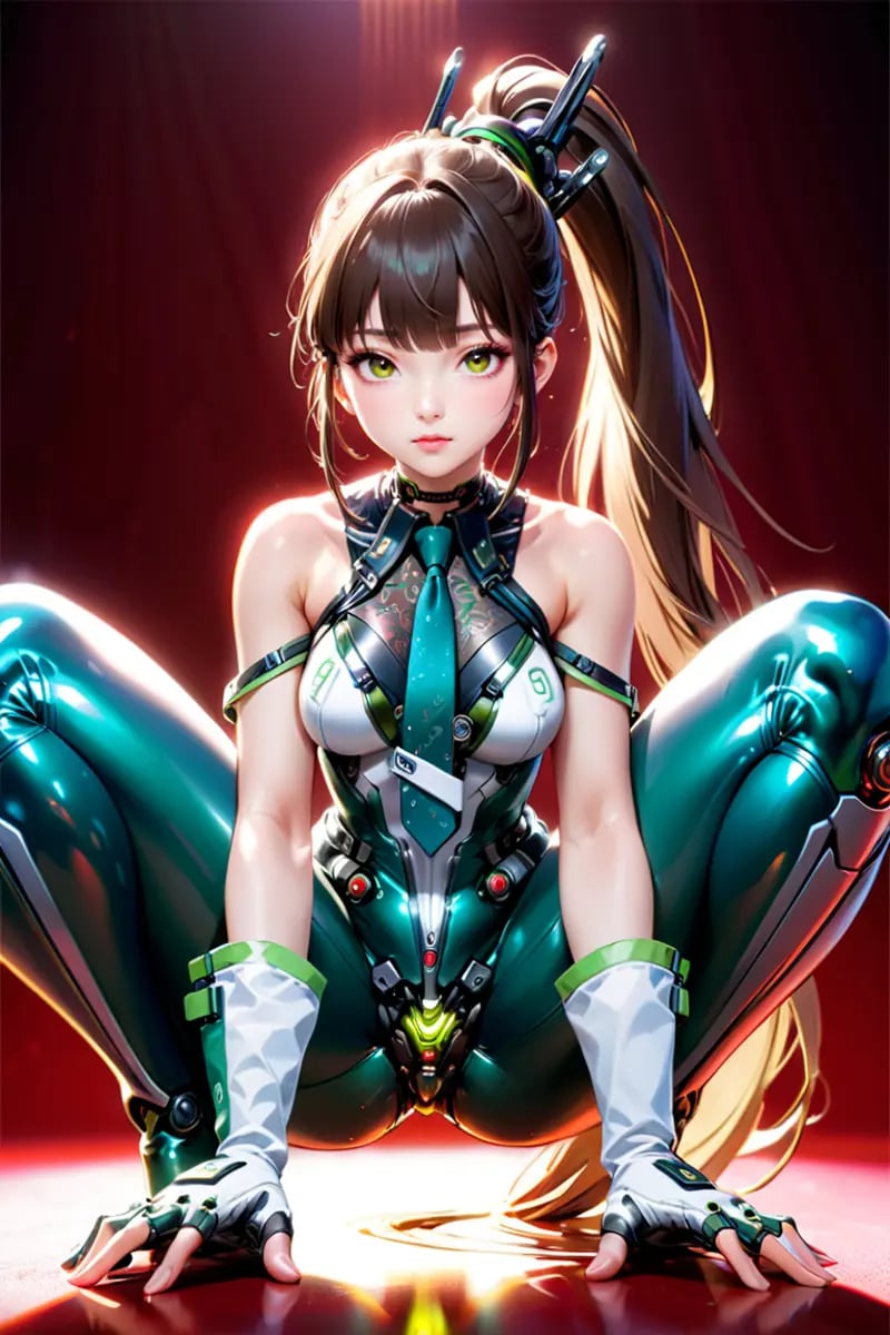 1girl,solo,full body,ruanyi0530,ruanyi0530,android,bare shoulders,belt,black choker,bodysuit,fingerless gloves,mechanical parts,zipper,green necktie,,sleeveless,white gloves,18 years old Korean girl,green necktie,ponytail,very long hair,cyborg,see-through,green bodysuit,squatting cowgirl position,spread legs,red background,<lora:0530 Stellar Blade Battle Suit_3_xl_v1:1>, best quality,masterpiece,highres,official art,extremely detailed cg unity 8k wallpaper