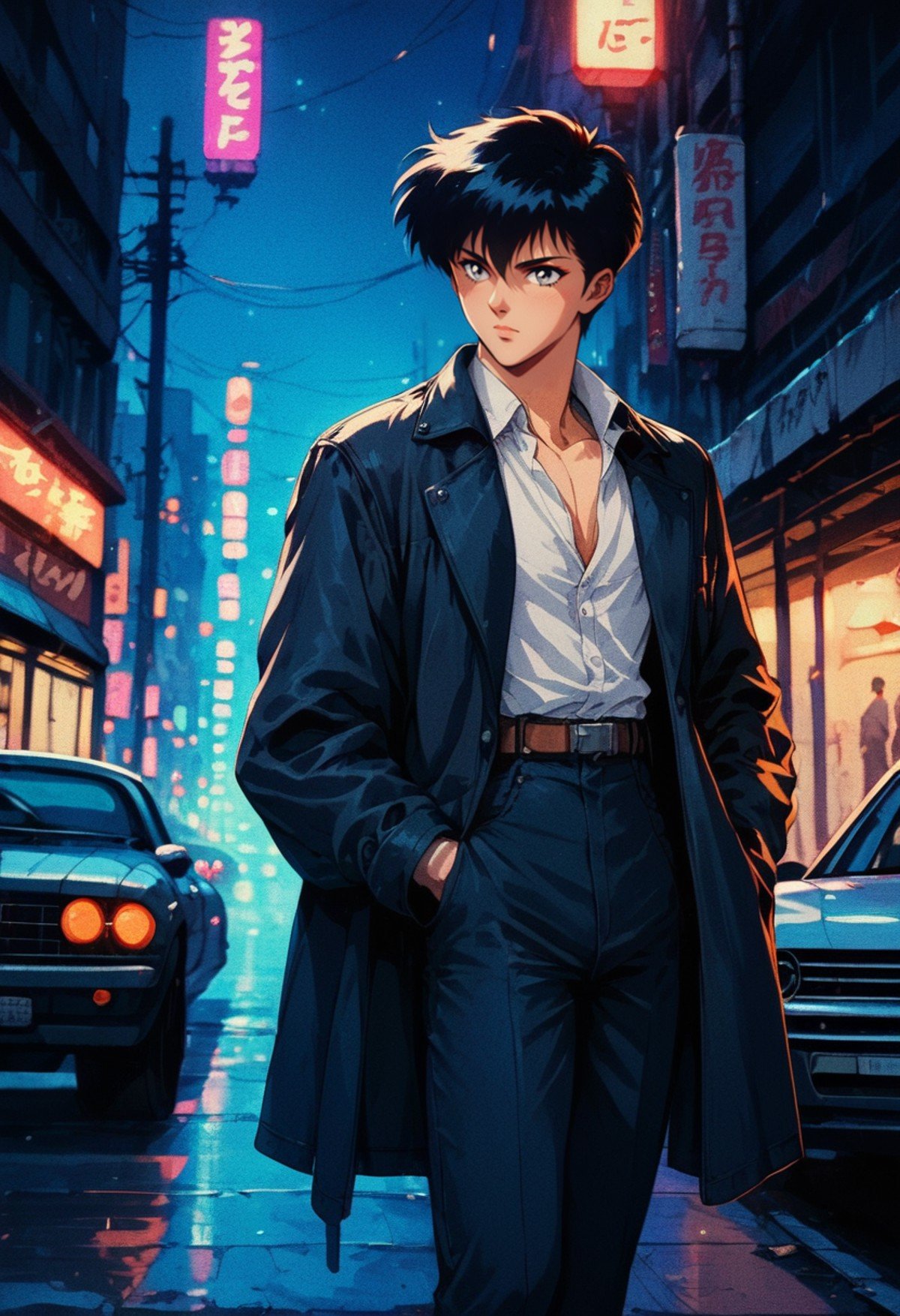 (score_9, score_8_up), score_7_up, standing on the top of a building, short hair, bangs, black hair, long sleeves, 1boy, closed mouth, standing, collarbone, jacket, white shirt, outdoors, open clothes, collared shirt, belt, pants, open jacket, coat, black jacket, grey eyes, dress shirt, night, black pants, ground vehicle, motor vehicle, black coat, hands in pockets, shirt tucked in, car, lamppost, neon lights, cinematic, retro<lora:nostalgia-000011:0.9>   