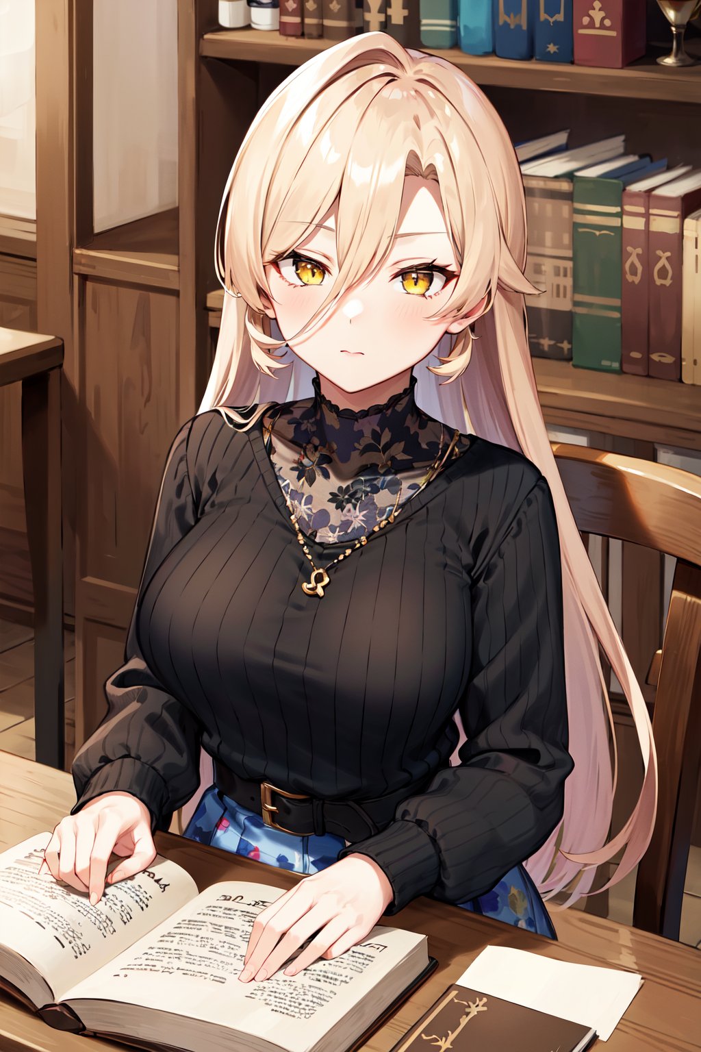 masterpiece, best quality, highres, bbnui, long hair, blonde hair, hair between eyes, yellow eyes, necklace, (black sweater:1.2), long sleeves, black belt, blue skirt, print skirt, <lora:nui_sociere_v1:0.7>, sitting, table, upper body, book