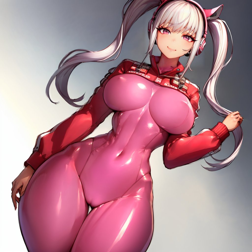 (masterpiece, best quality:1.3), Fumio, 1girl, solo, looking at viewer, wide hips, mature female, closed mouth, seductive smile, large breasts, cowboy shot, thick thighs,  <lora:Fumio Style Lora:1>, alice \(nikke\), pink bodysuit, animal ear headphones, shiny clothes, twintails, latex bodysuit, white hair, covered navel, cropped jacket, fake animal ears, bangs, pink eyes, skin tight,  <lora:alice-lora-v3-128dim-20ep:.8>