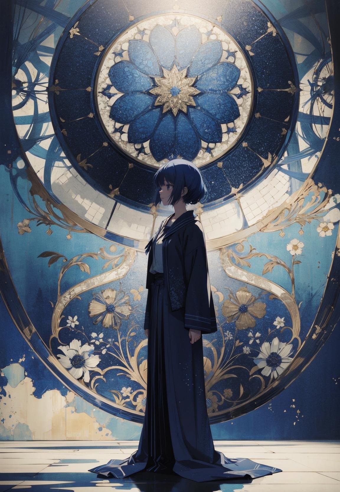 anime opening, (1girl), solo, a dreamscape aesthetic in Cobalt blue theme atmosphere, mosaic background, happy, floral, (wallpaper style), movie trailer, cinematic, screencap, still shot, true perception, comfortable