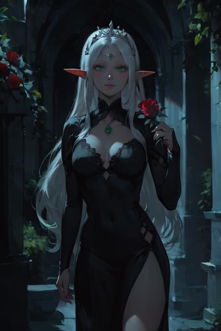 score_9, score_8_up, score_7_up, rating_safe, dark theme, low light, 1girl, solo, elf, pointy ears, breasts, long hair, very long hair, white hair, green eyes, portrait, looking at viewer, black dress, tiara, silver tiara, holding, holding flower, rose, red rose, necklace, jewelry, cowboy shot, standing, outdoors, castle <lora:Anime Summer Night Style SDXL_LoRA_Pony Diffusion V6 XL:1>