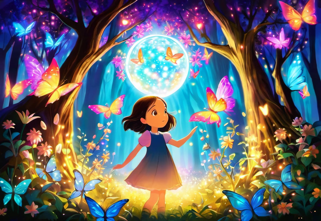 a young girl finds herself in the heart of an enchanted forest. Surrounded by glowing butterflies and mystical flowers, she discovers a magical sphere, 1girl, solo, female focus