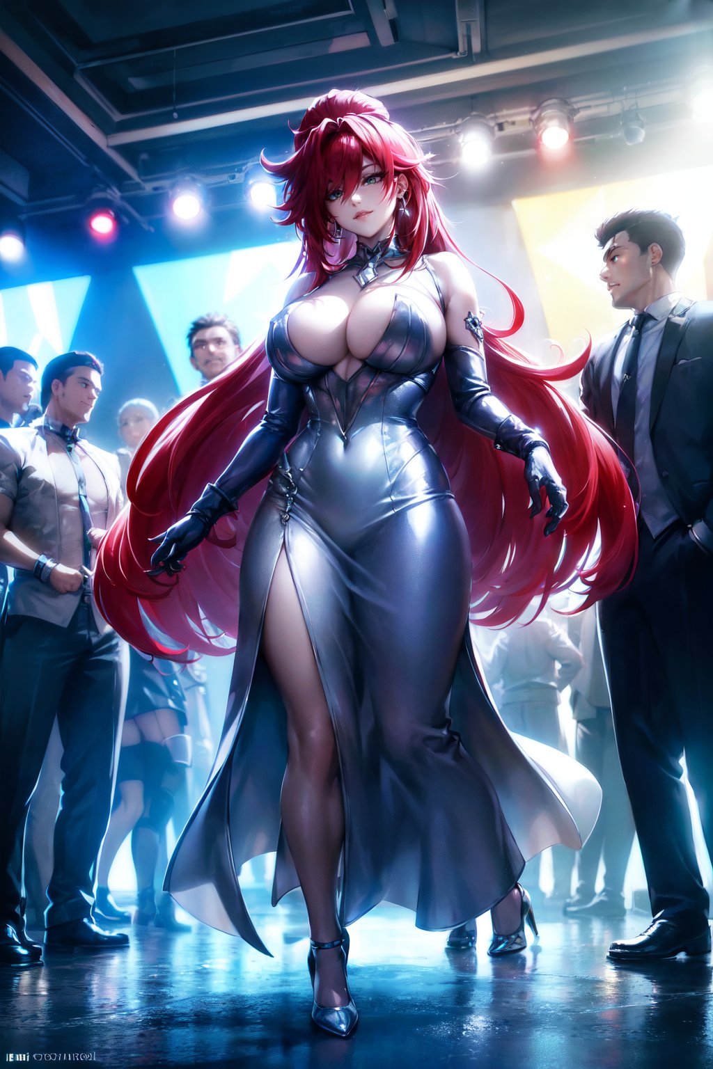 (((a woman wearing silver dress:1.4 walking in a nightclub, dynamic pose, flashy lights, dark, crowd of men, )))  beautiful eyes, beautiful girl, high detail skin, high detail eyes, high detail hair, highres, ultra detailed, sharpen picture, Highly detailed, masterpiece, best quality, photorealistic,    <lora:RedMonikav2LoRA:0.9> redmonika, red hair, headband, jewelry, green eyes, ,