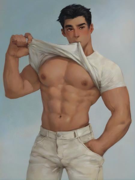 score_9, score_8_up, score_7_up, score_6_up, score_5_up, score_4_up, source_cartoon, 1boy, muscular, navel, nipples, <lora:Shirt_Lifters_Pony:0.1> shirt lift, trousers, henley shirt, at an intersection, stocky, brown eyes, clean shaven, ivy league, black hair, tan skin