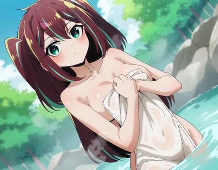 score_9, score_8_up, score_7_up, source_anime,matamaakoya, <lora:matama-akoya-ponyxl-lora-nochekaiser:1>matama akoya, long hair, brown hair, green eyes, multicolored hair, aqua eyes, two side up, streaked hair,nude, naked, outdoors, onsen, towel, naked towel, steam, bathing, nude cover, partially submerged, water, bath, steam censor, wet towel,looking at viewer, dutch angle, cowboy shot