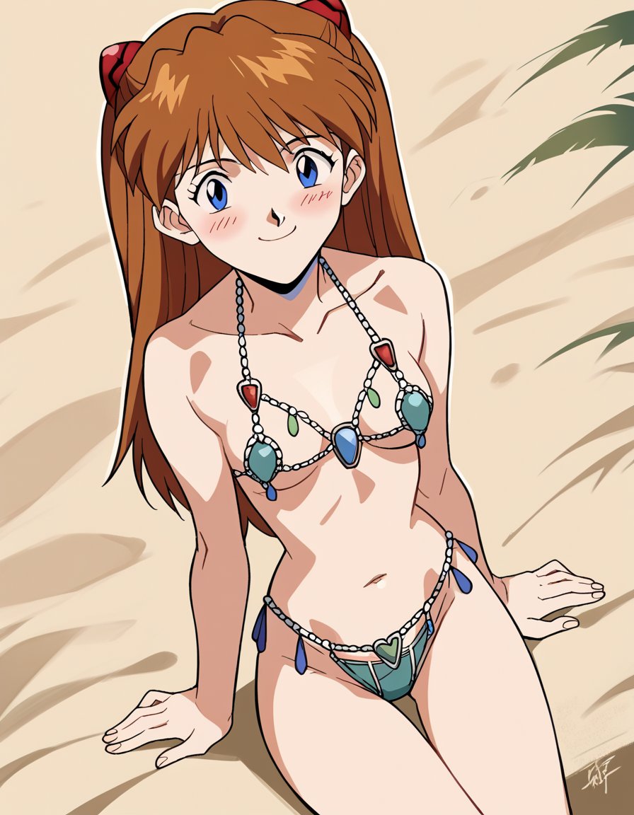 score_9, score_8_up, score_7_up, source_anime, asukalangleysoryu, <lora:asuka-langley-soryuu-classic-ponyxl-lora-nochekaiser:1>, asuka langley soryu, long hair, bangs, blue eyes, brown hair, hair ornament,, <lora:venus-bikini-ponyxl-lora-nochekaiser:1>, venus bikini, fortune bikini, naked jewelry, navel,, beach, sitting, smile, blush,, cowboy shot, dutch angle,