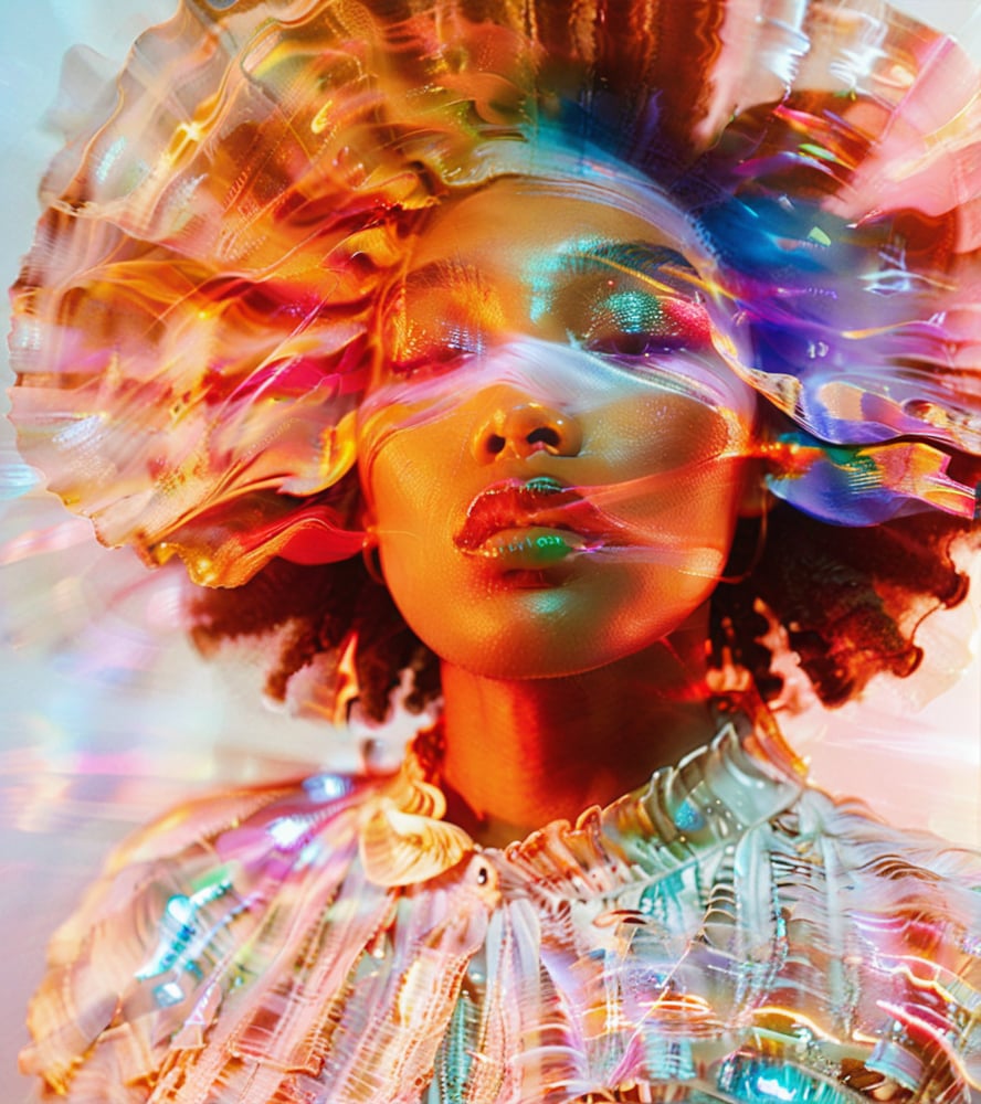 <lora:贝壳色彩-000004:0.8>,Shell rainbow colort theme,Shell rainbow color,woman,close-up,colorful light streaks,abstract,female,afro hairstyle,artistic,neon lighting,makeup,digital art,expressive,creative photography,portrait,texture,blurred lens,