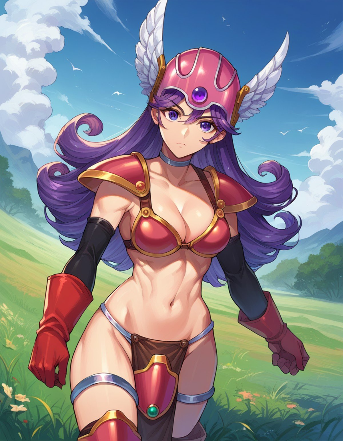 score_9, score_8_up, score_7_up, source_anime,dqsoldier, <lora:dq-soldier-ponyxl-lora-nochekaiser:1>,soldier, long hair, purple eyes, purple hair, curly hair,armor, bikini armor, choker, cleavage, elbow gloves, gloves, helmet, navel,outdoors, fields, grass,looking at viewer, dutch angle, cowboy shot,