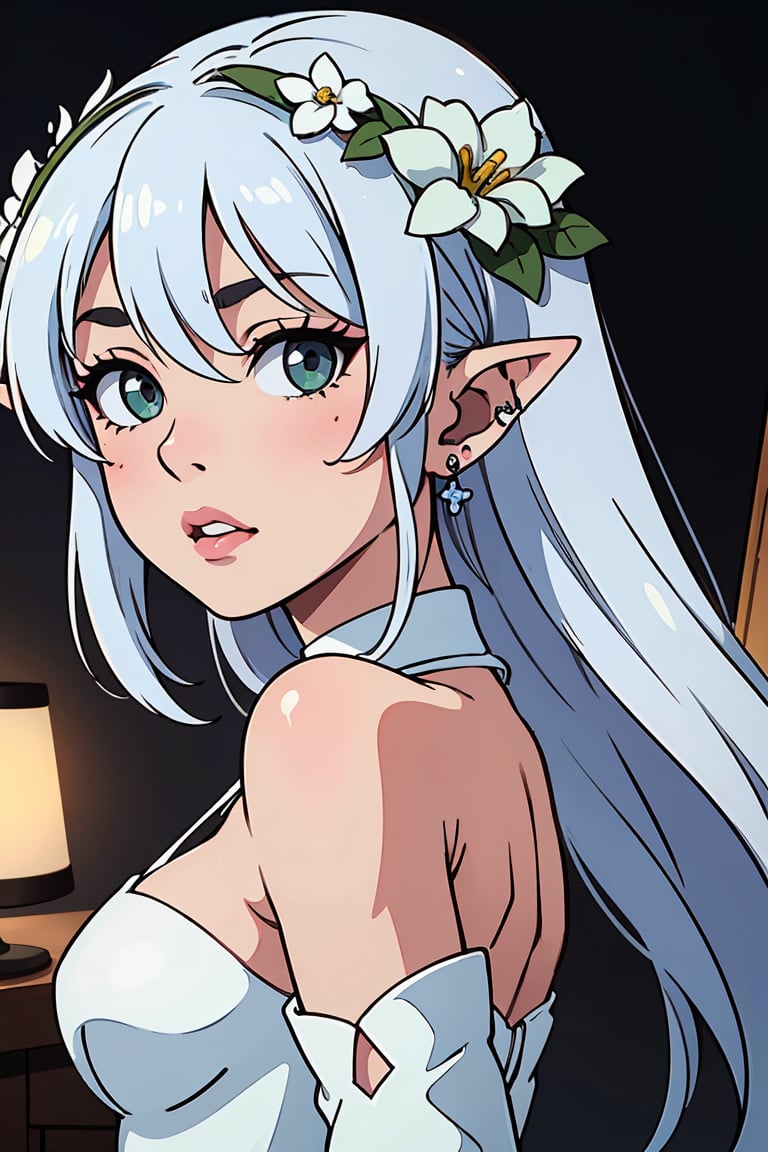 (best quality, 4k, 8k, highres, masterpiece:1.5), ultra-detailed,anime, 1girl,solo,long hair,looking at viewer,blush,bangs,hair ornament,dress,hair between eyes,bare shoulders,jewelry,medium breasts,green eyes,upper body,flower,white hair,earrings,parted lips,detached sleeves,pointy ears,hair flower,white dress,from side,lips,grey eyes,blurry background,piercing,white flower,elf,ear piercing,head wreath