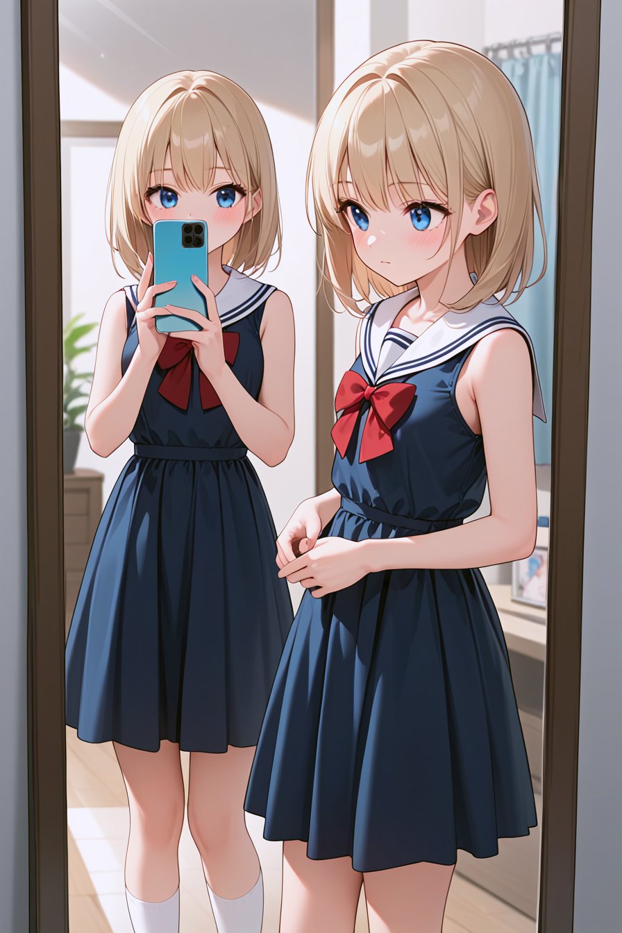 score_9, score_8_up, score_7_up, source_anime, rating_safe, 1girl, solo, white sailor collar, mirror, looking at mirror, blush, bangs, blue eyes, dress, ribbon, holding, standing, sleeveless, socks, indoors, sailor collar, red ribbon, sleeveless dress, blue dress, phone, cellphone, white socks, smartphone, reflection, sailor dress, holding phone, 