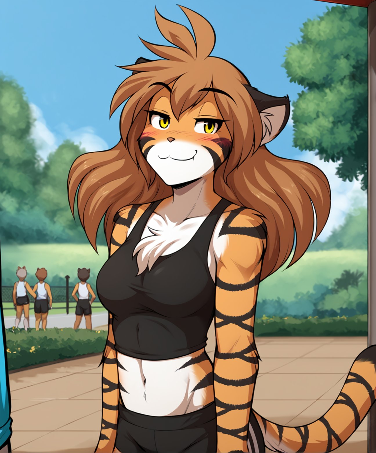 score_9, score_8_up, score_7_up,score_6_up,score_5_up, source_furryBREAKsolo, furry female anthro, long hair, medium breasts, (blushing, seductive, smug), tank top, midriff, gym shorts, (outdoors, park), upper body shotBREAK<lora:Flora-Twokinds-SDXL-AnonTK-V3:1>, flora-twokinds, keidran, mammal, tiger tail, yellow eyes