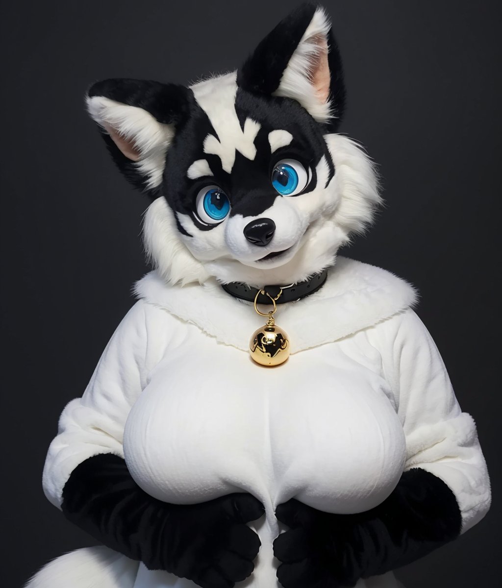 furry,fox,big eyes,fur collar,paw gloves,large tail,bell choker,fluffy,big breasts,curvy,chuchumy,white_fur,solo,no humans,looking at viewer,cuteg,fursuit,Fursona,black_background,<lora:Clothes_Fursona_v1:0.6>,