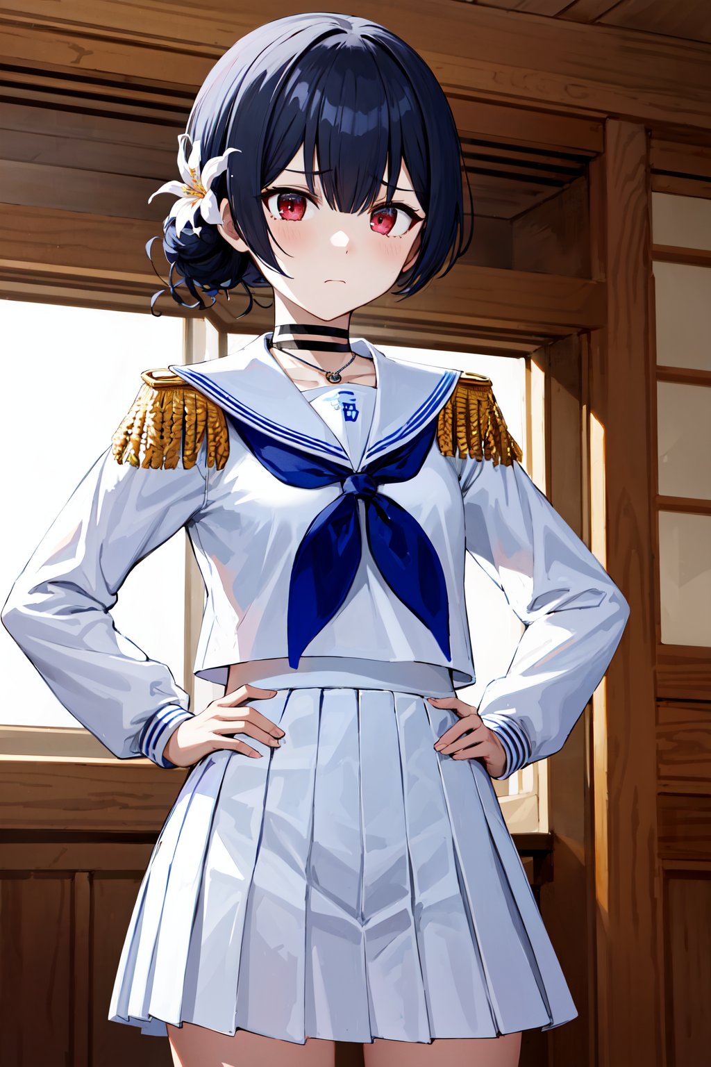 masterpiece, best quality, highres, ggrinze, short hair, single hair bun, hair flower, black choker, necklace, white serafuku, white sailor collar, blue neckerchief, epaulettes, white shirt, long sleeves, pleated skirt, white skirt, <lora:morino_rinze_v1:0.7>, indoors, hands on hips, frown, cowboy shot, 