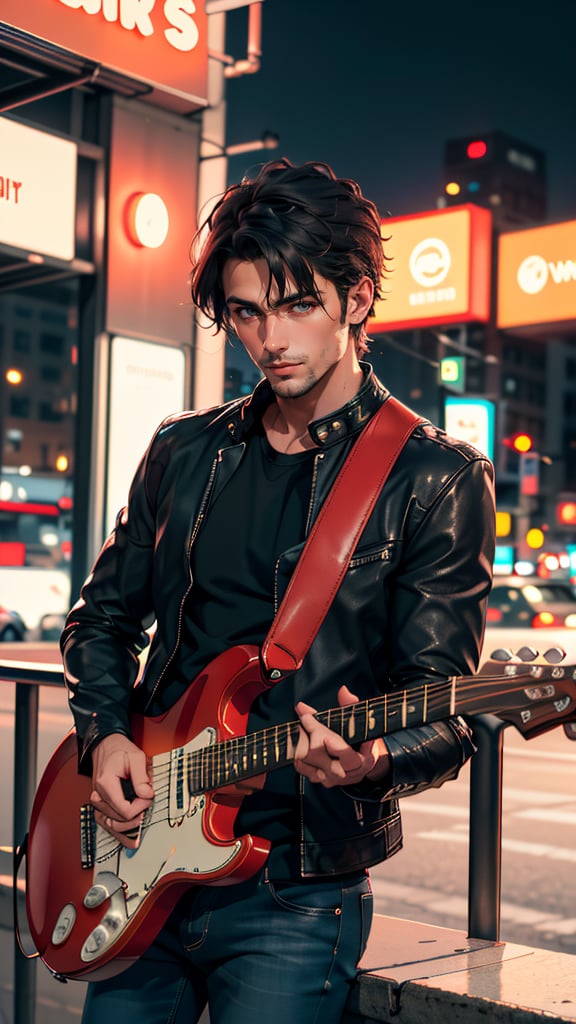 (best quality, masterpiece, colorful, highest detailed) upper body photo, fashion photography of cute photo, (1 gorgeuos italian man), in high detailed leather black jacket and jeans, short hair, photogenic, playing guitar, fender stratocaster, New York city, ultra high details, dawn, bokeh background, perfect night, (night beautiful background:1.3), (intricate details), (dynamic angle), dim colors,