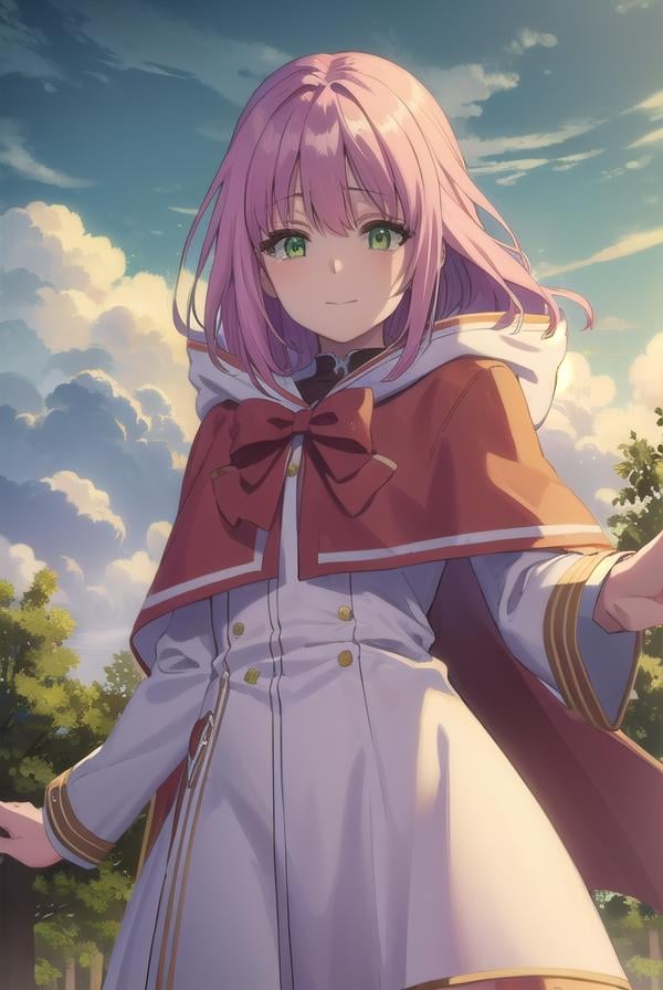 nornclatalissajioral, <lora:norn clatalissa jioral s1-lora-nochekaiser:1>,norn clatalissa jioral, long hair, hair between eyes, (green eyes:1.5), pink hair, smile,BREAK long sleeves, dress, bow, red bow, hood, robe, white robe,BREAK outdoors, forest, nature, grass, trees, sun, sky, clouds,BREAK looking at viewer, (cowboy shot:1.5),BREAK <lyco:GoodHands-beta2:1>, (masterpiece:1.2), best quality, high resolution, unity 8k wallpaper, (illustration:0.8), (beautiful detailed eyes:1.6), extremely detailed face, perfect lighting, extremely detailed CG, (perfect hands, perfect anatomy),